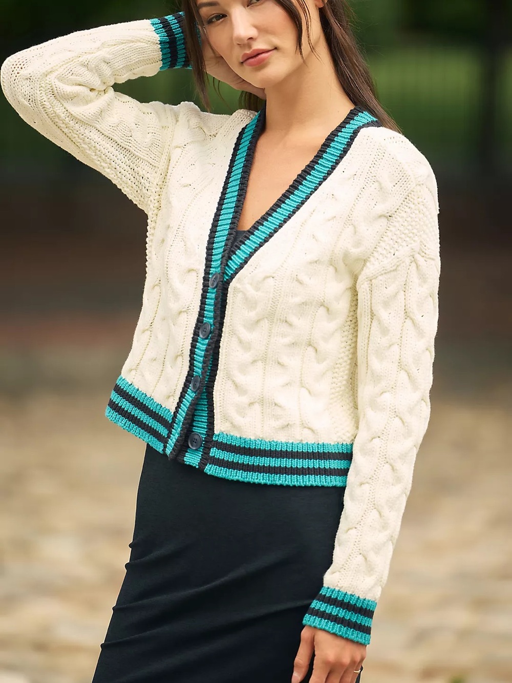 Maeve Varsity Cable-Knit Cardigan Sweater